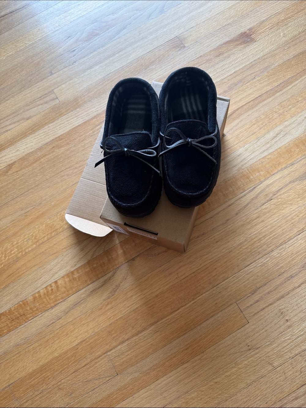 Children's Black Suede Moccasin Slippers with Bow Detail